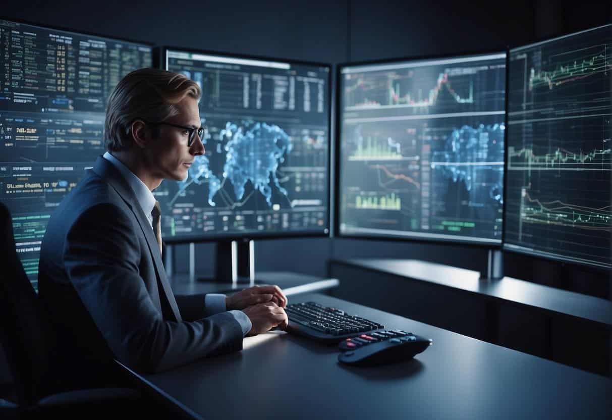AI algorithms analyzing financial data, detecting fraud patterns, and ensuring compliance. Complex network of data streams and security measures