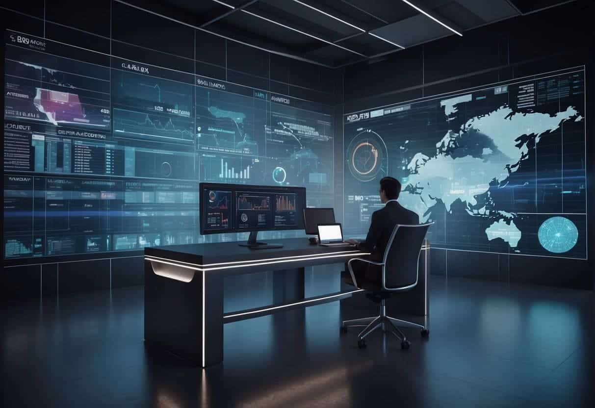 A sleek, futuristic AI system scans financial data for compliance and fraud, with holographic charts and graphs floating in the air