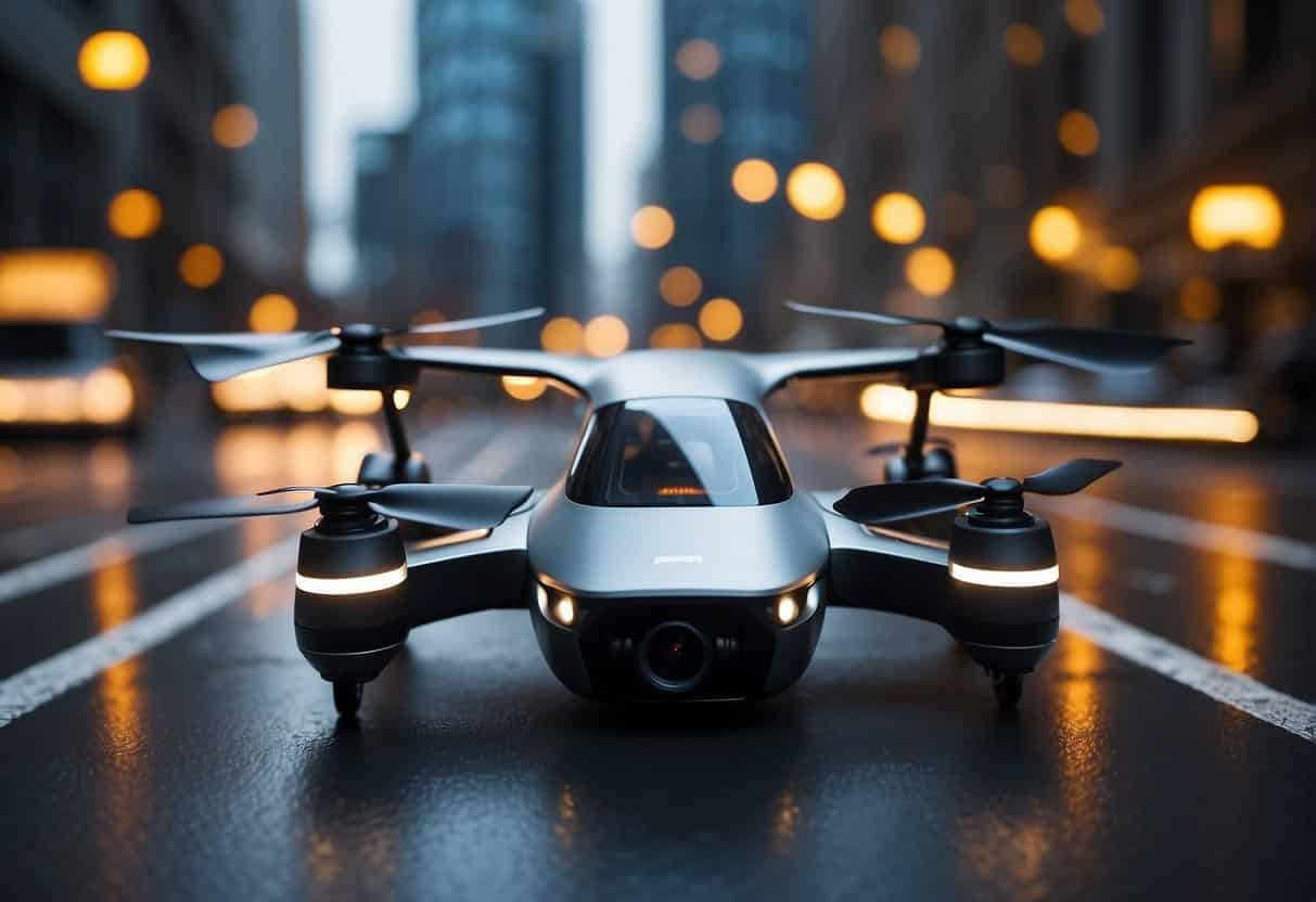 AI-powered drones and vehicles navigate a bustling city, optimizing routes and deliveries, reducing emissions and traffic congestion