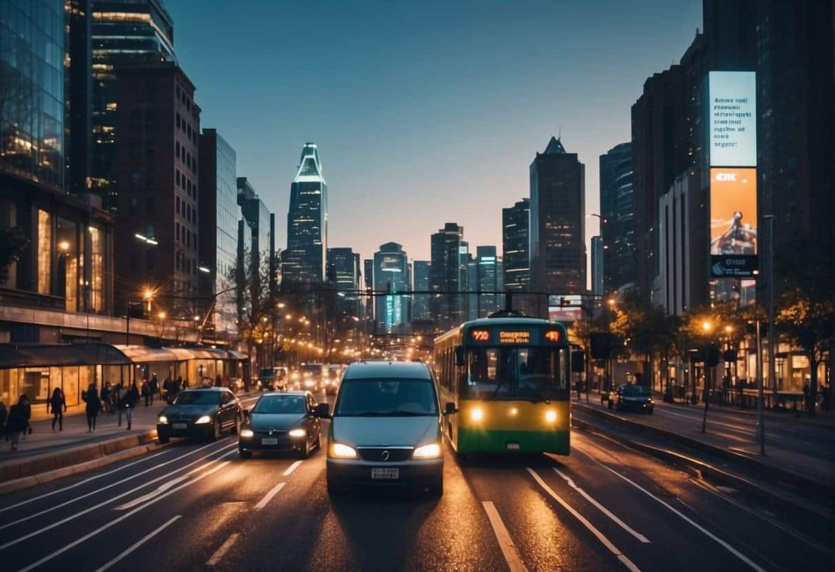 Busy city streets with AI-powered traffic lights, smart waste management systems, and automated public transport. Small communities benefit from AI-driven urban planning for efficient services