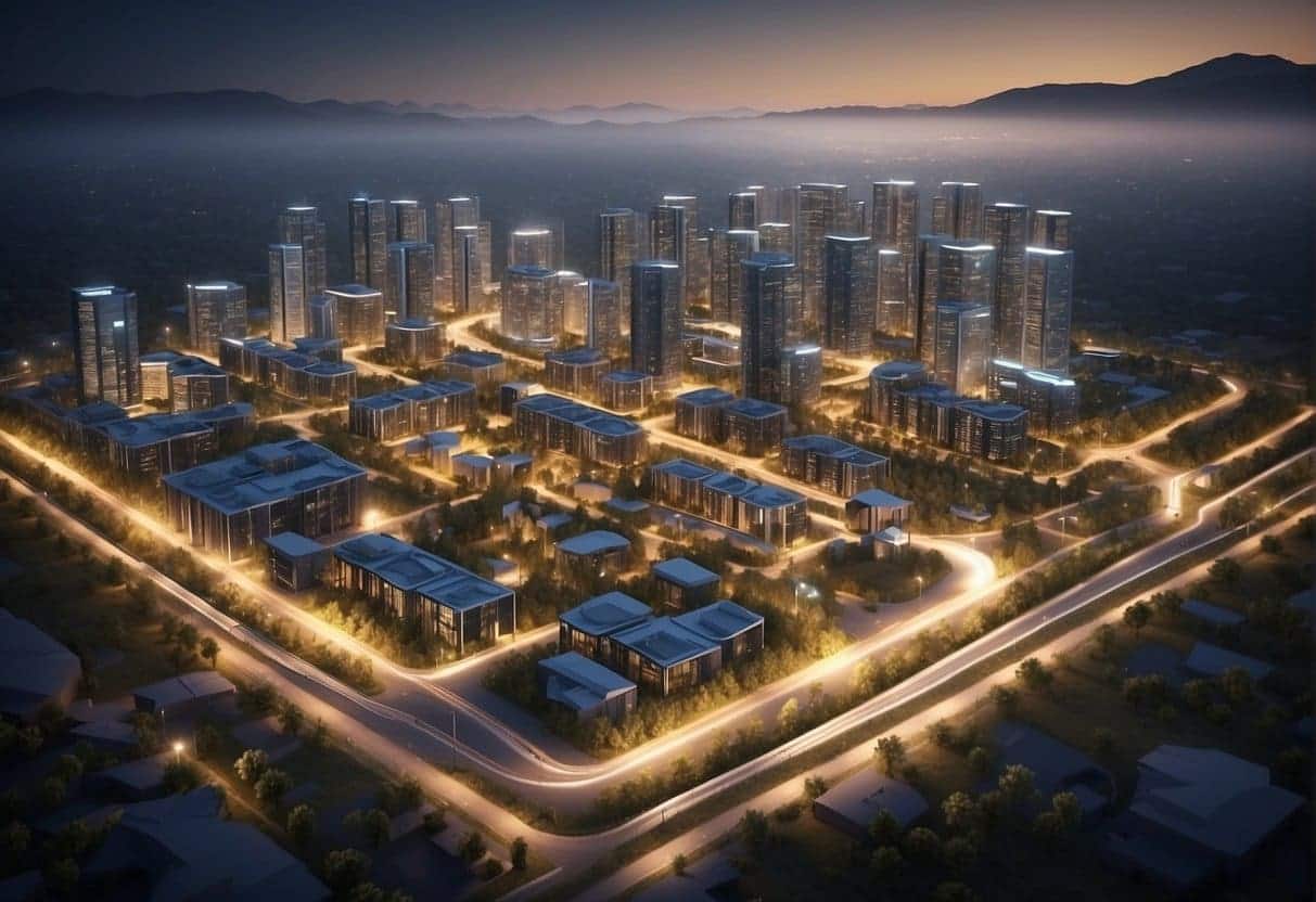 A small community with data centers and AI algorithms guiding urban planning and development, integrating infrastructure and resources efficiently