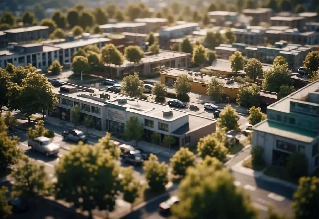 A bustling small town with AI-powered traffic management, energy-efficient buildings, and green spaces integrated into urban planning