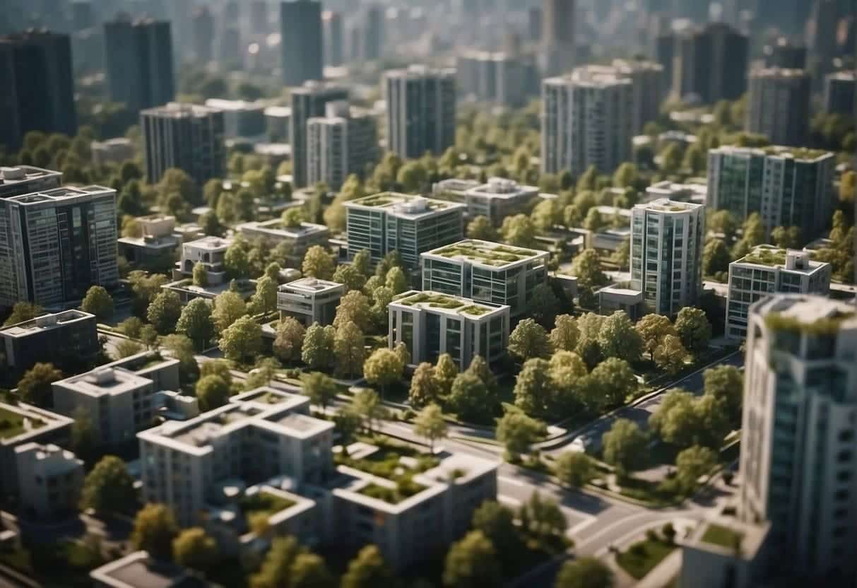An AI-powered cityscape with sustainable infrastructure and green spaces for small communities