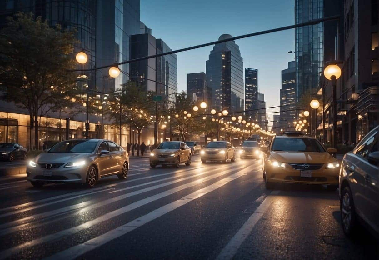 An urban landscape with smart traffic lights, self-driving vehicles, and data sensors integrated into infrastructure, optimizing transportation and urban planning in small communities