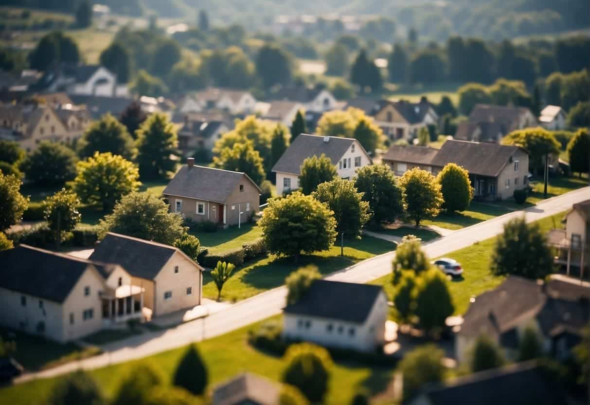AI algorithms optimizing resource use in small town. Buildings, roads, and green spaces arranged efficiently