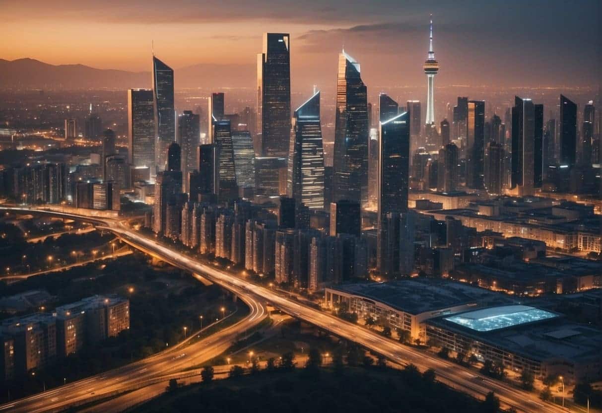 Urban AI governance: city skyline with AI-powered infrastructure, data centers, and small community developments. Ethical considerations in focus