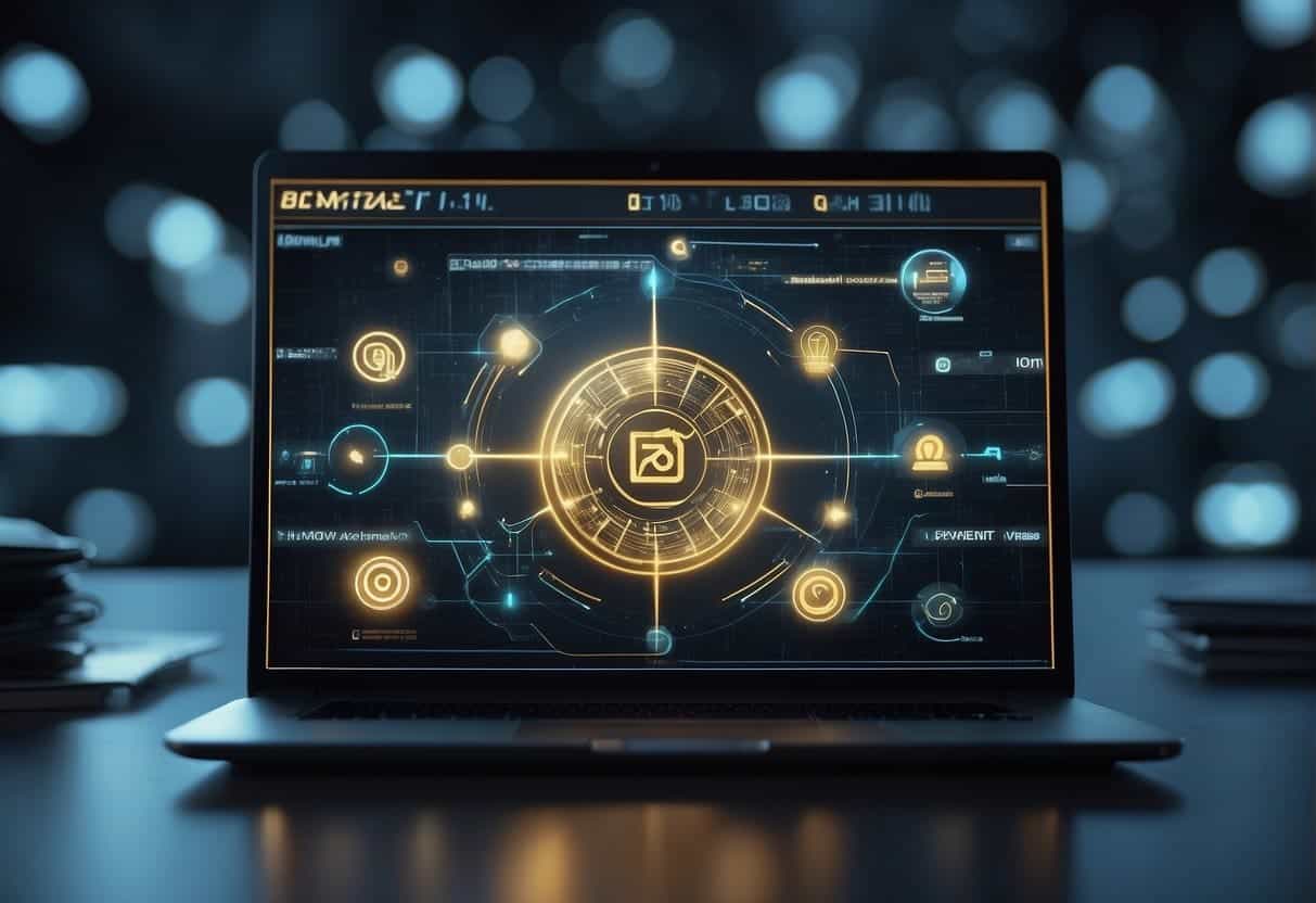 A smart contract and AI streamline business operations, depicted by digital interfaces connecting and automating transactions