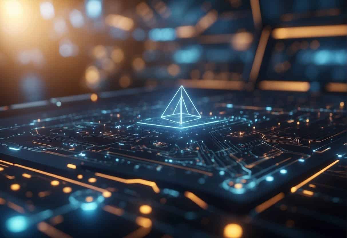 Smart contracts and AI interact in a digital landscape, symbolized by overlapping lines and geometric shapes, representing the challenges and risks in business transactions