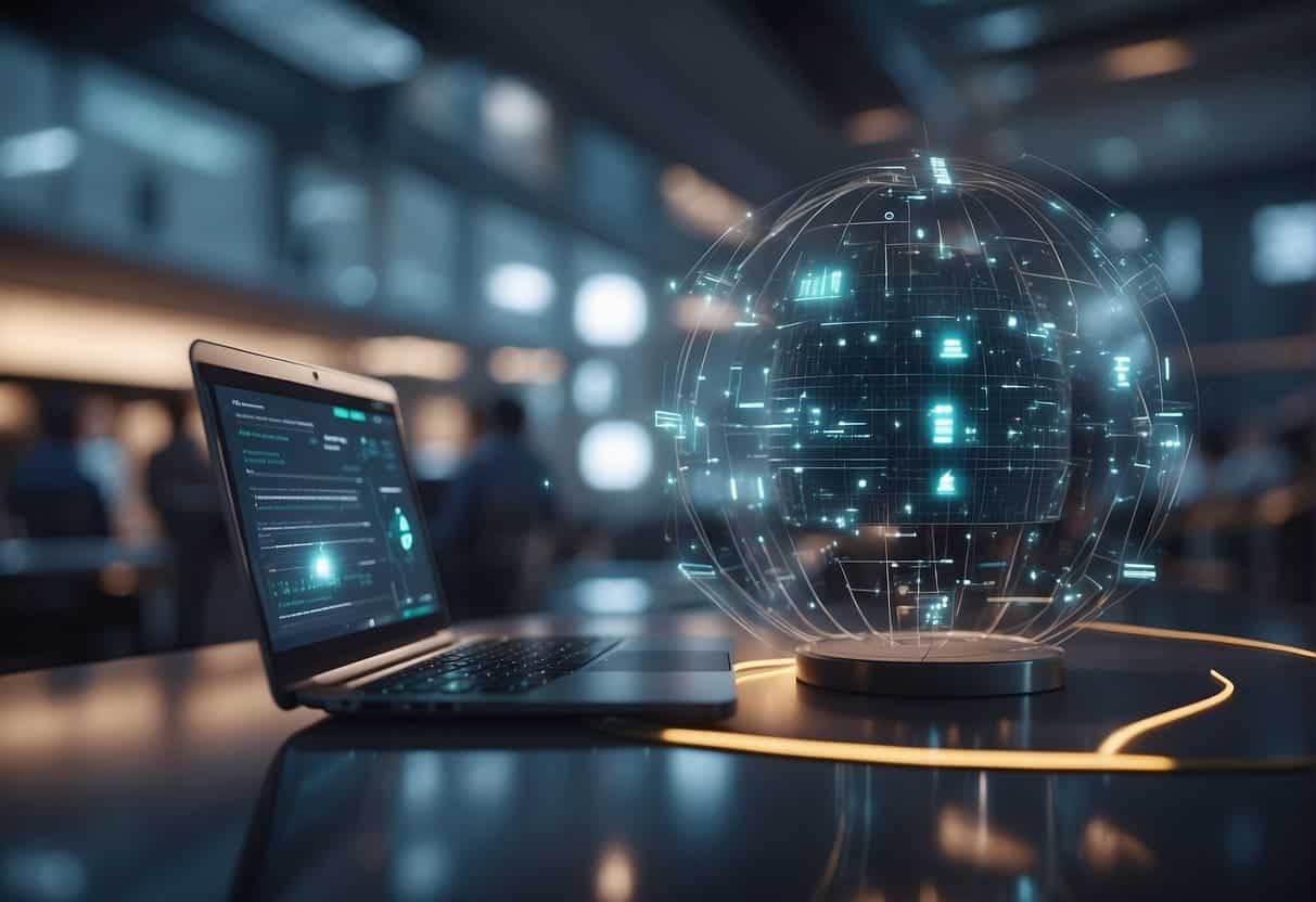 Smart contracts and AI interact seamlessly in a futuristic business setting, with digital transactions occurring autonomously. The scene exudes efficiency and innovation