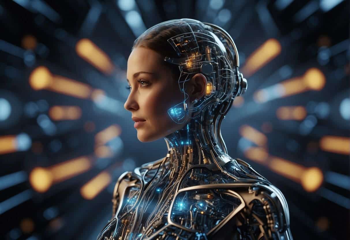 An AI system processes complex data, surrounded by interconnected nodes and pathways, representing the ecosystem of AI and deep learning in small enterprises