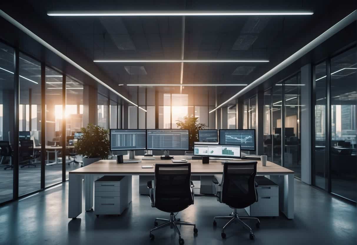 An office setting with AI algorithms integrated into traditional business processes, creating a seamless flow of innovation and efficiency