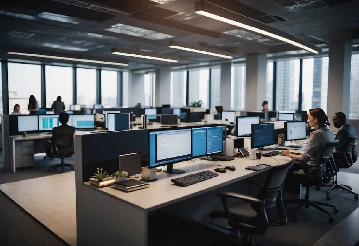 A bustling office environment with AI technology seamlessly integrated into traditional business operations, fostering a culture of innovation and collaboration