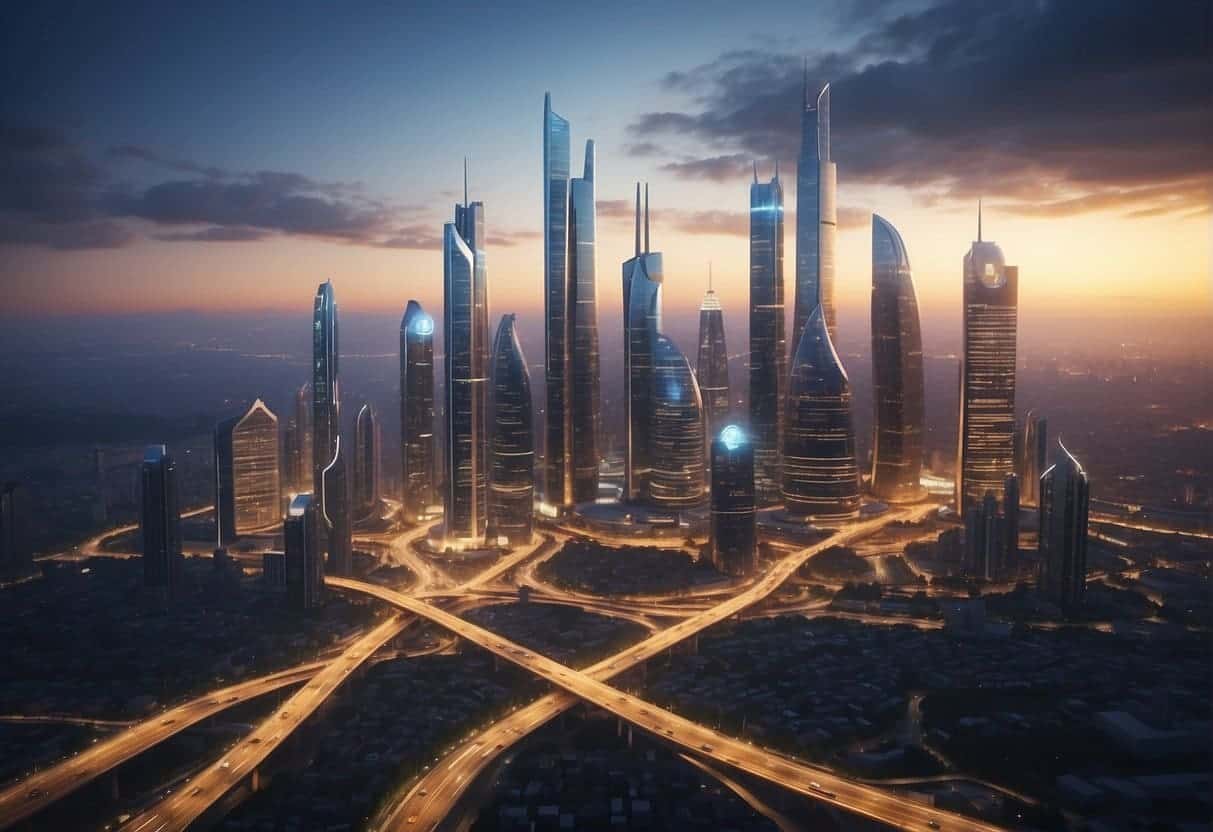 A futuristic city skyline with AI algorithms merging with traditional business structures, symbolizing the integration of AI into marketing strategies