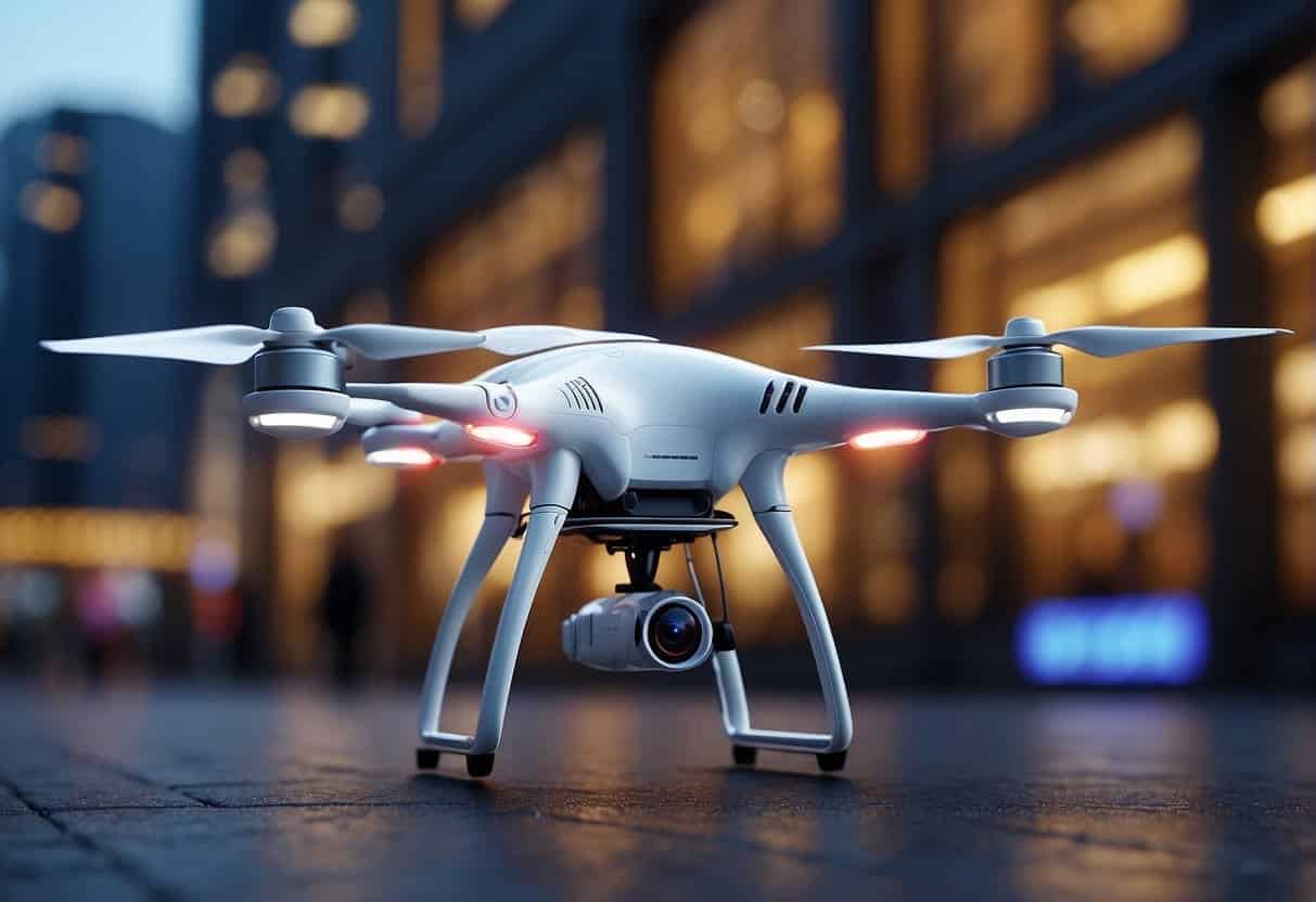 A futuristic city skyline with AI-powered drones delivering goods to businesses, while traditional storefronts integrate AI for customer service and inventory management
