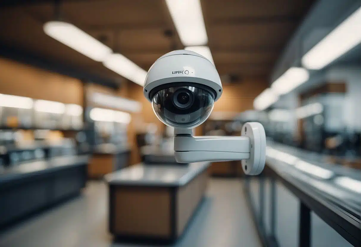 An AI-powered surveillance camera scans a small business, detecting and tracking movement with precision