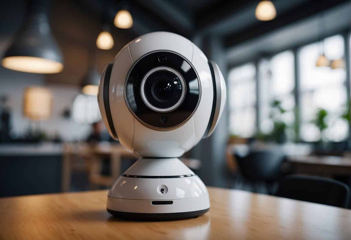 An AI surveillance camera scans a small business interior, detecting motion and facial recognition, while sending alerts to the owner's smartphone