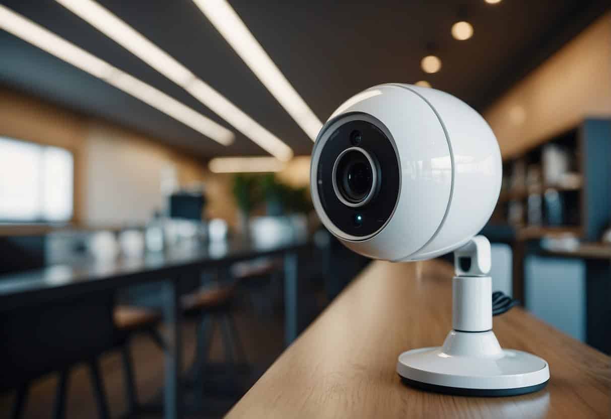 An AI surveillance camera scans a small business interior for security purposes