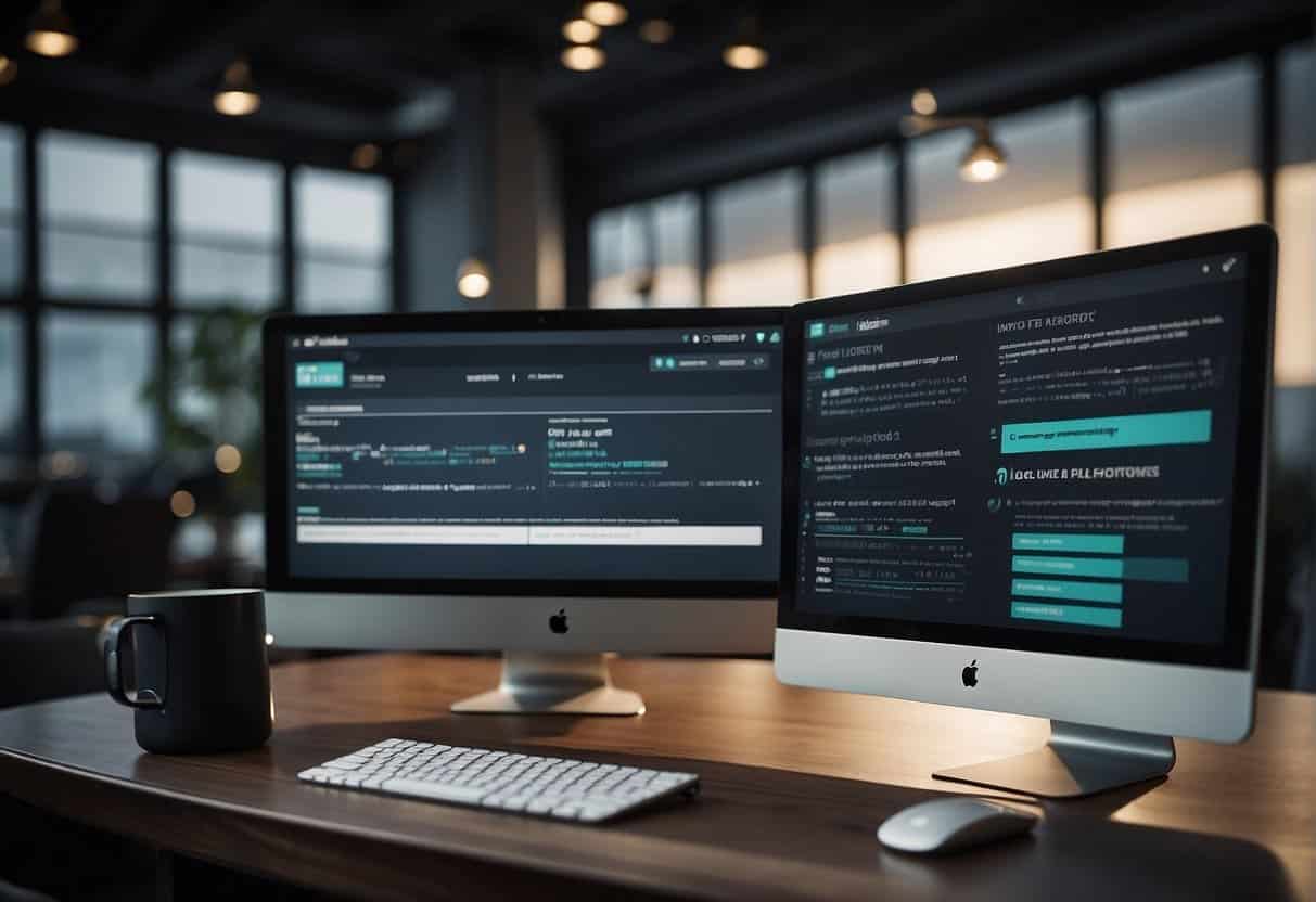 A computer screen with WordPress dashboard open, SEO plugin options visible, and a list of frequently asked questions displayed