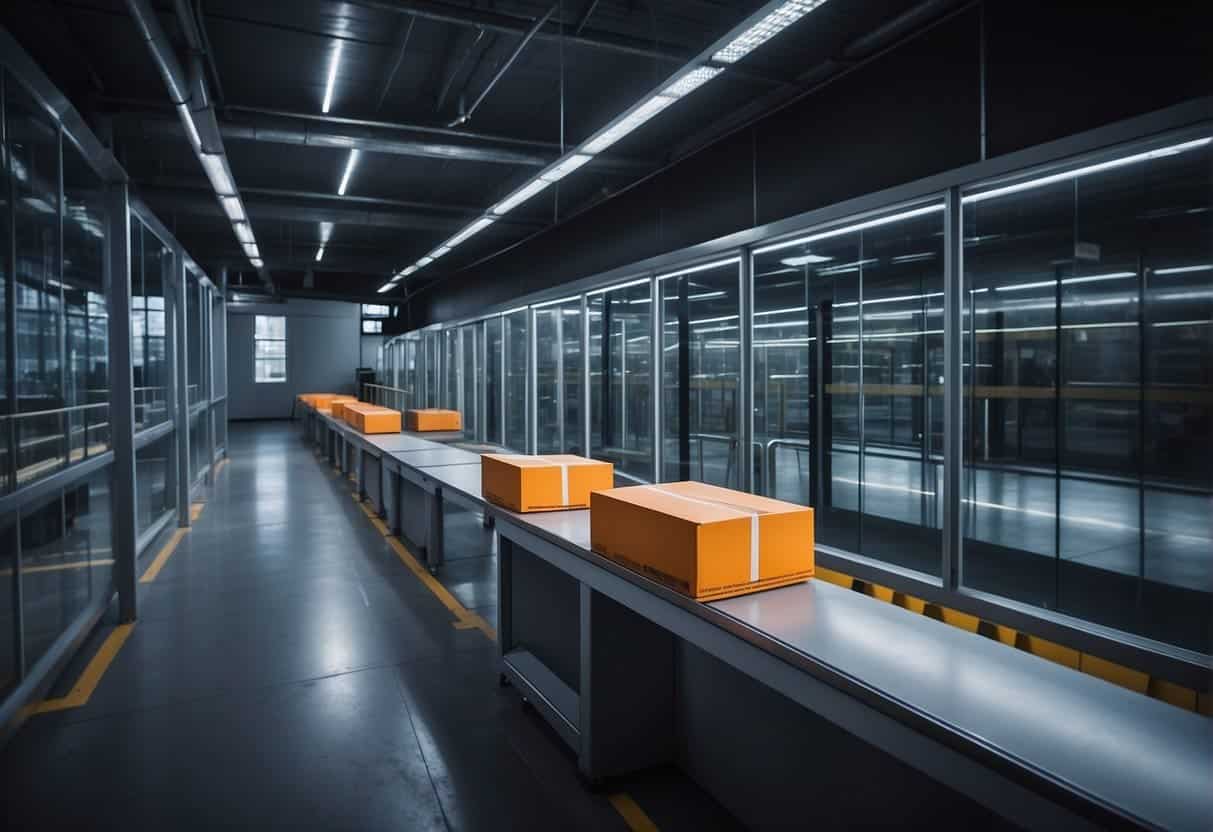 A high-tech postal facility with AI-powered security measures and automated sorting systems for efficient courier services