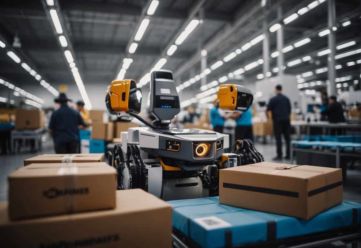 AI-powered robots sort packages in a busy postal center, while drones deliver parcels to remote locations, showcasing efficiency and ethical considerations in courier services