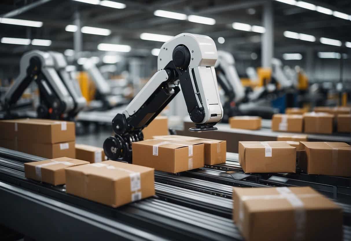 AI algorithms sorting packages in a postal facility, with robotic arms moving parcels onto conveyor belts for efficient processing