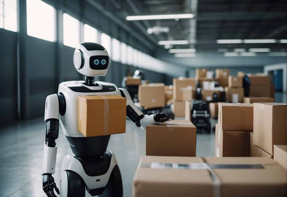 AI-powered robots sorting packages in a modern postal facility, while drones deliver parcels to customers' doorsteps for efficient courier services
