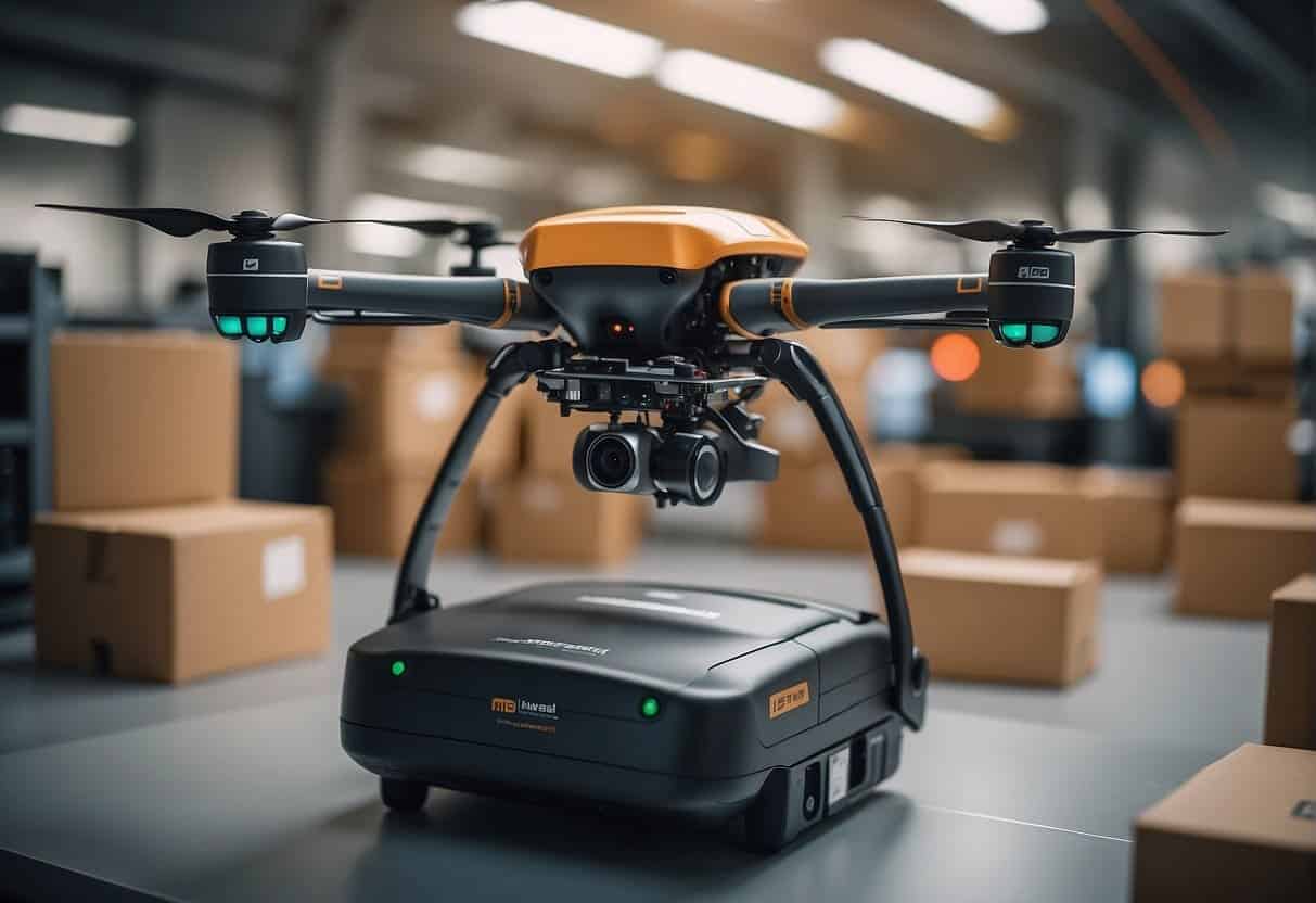 AI-powered drones and robots sorting and delivering packages in a bustling postal and courier service center