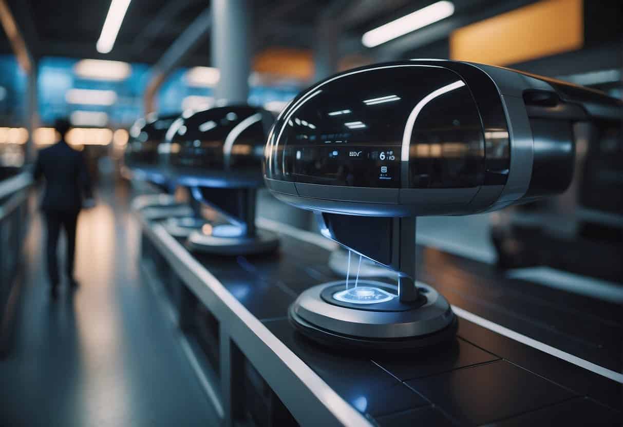 A futuristic postal center with automated sorting machines and AI-powered delivery drones buzzing around