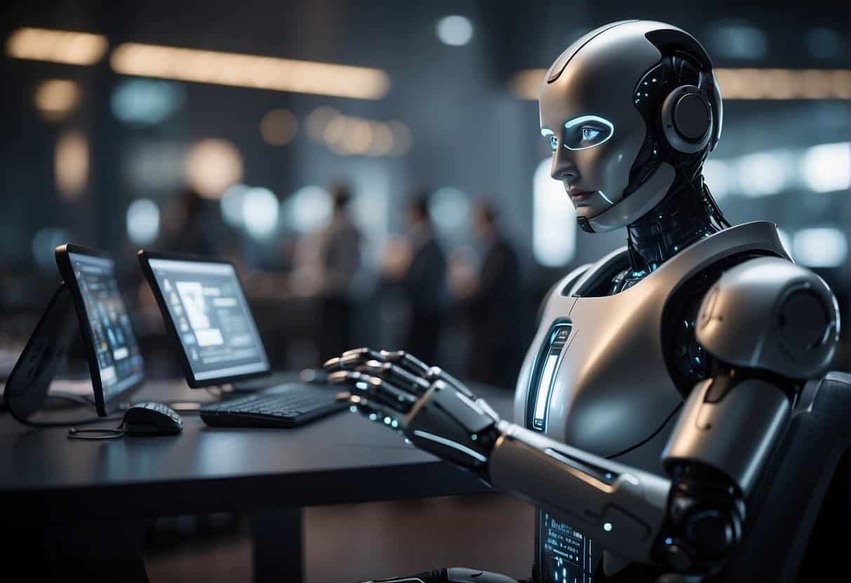 AI algorithms analyze data in a futuristic insurance and banking setting, assessing and mitigating risks