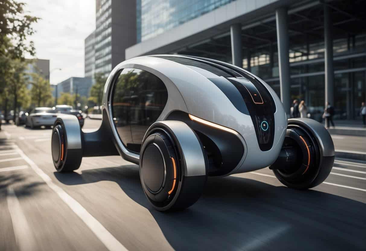 A futuristic autonomous vehicle navigates a busy logistics hub, guided by Safety and Regulatory Insights AI