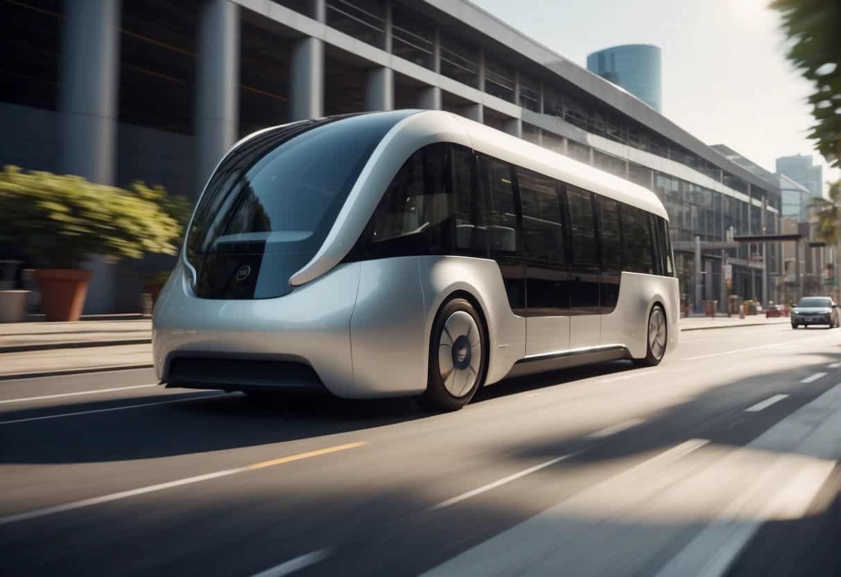 An autonomous vehicle navigates through a bustling logistics hub, while AI systems optimize routes and cargo handling