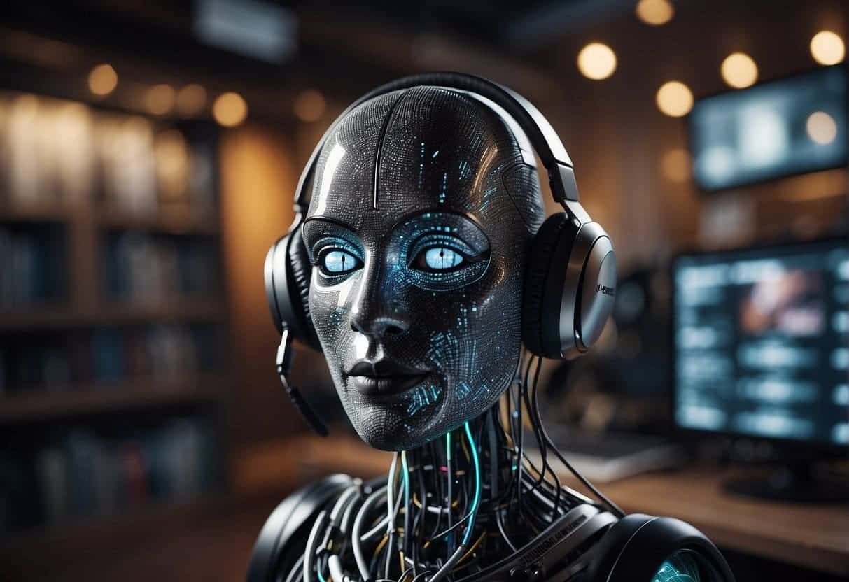An AI algorithm scans through a vast library of podcasts, analyzing content and user preferences to recommend personalized podcast suggestions