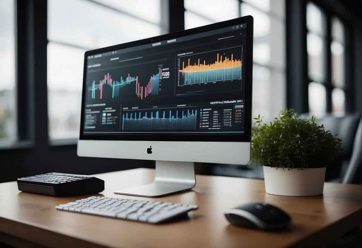 A computer monitor displays AI algorithms optimizing podcast content for distribution and monetization
