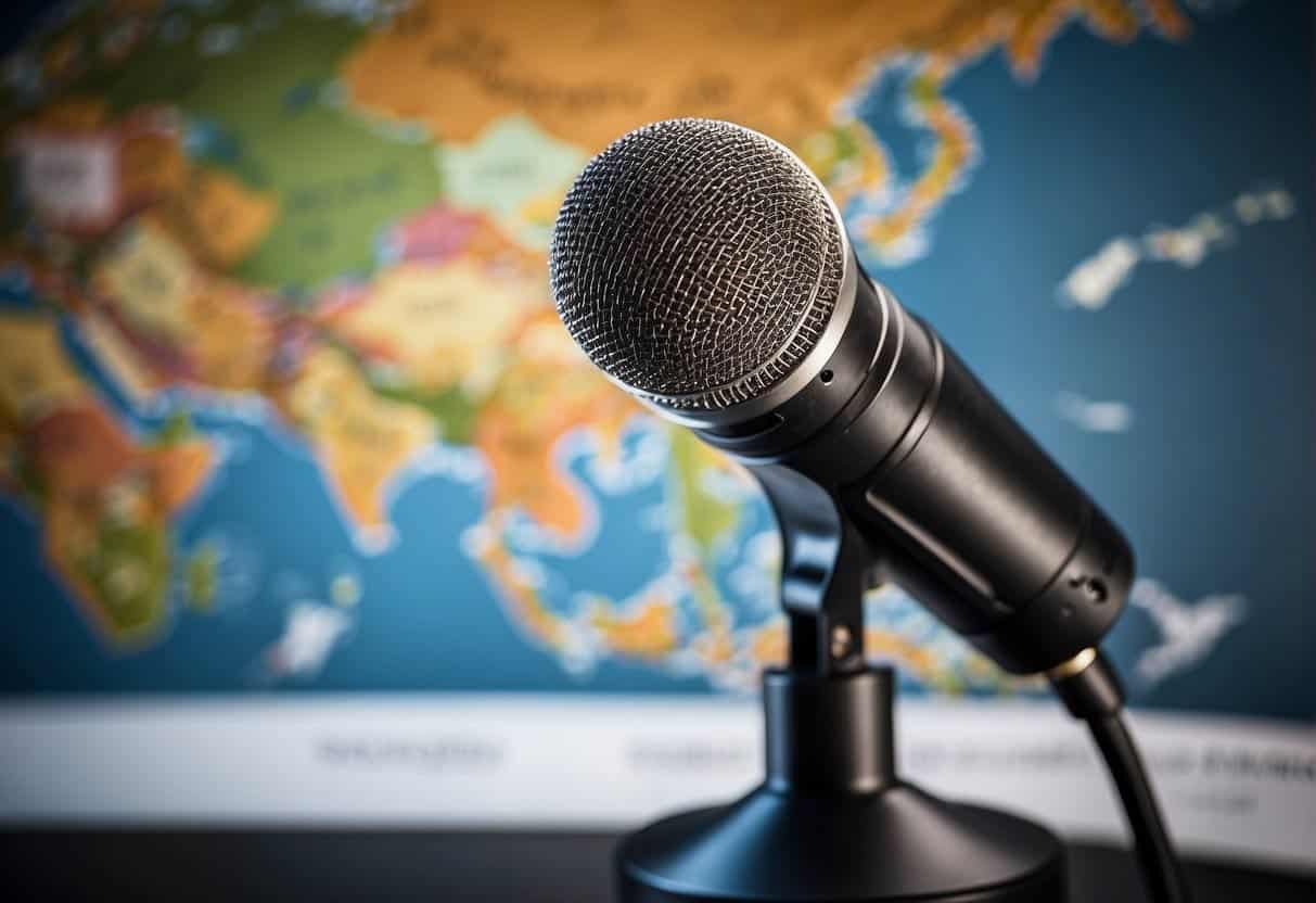 An AI-powered microphone records multilingual podcasting with a world map in the background, showcasing global reach and distribution