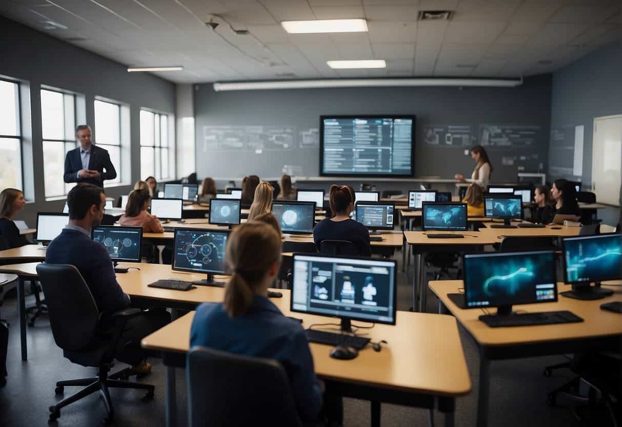 A classroom filled with digital devices and AI technology, enhancing online education and training. Interactive screens and virtual reality tools create an immersive learning environment