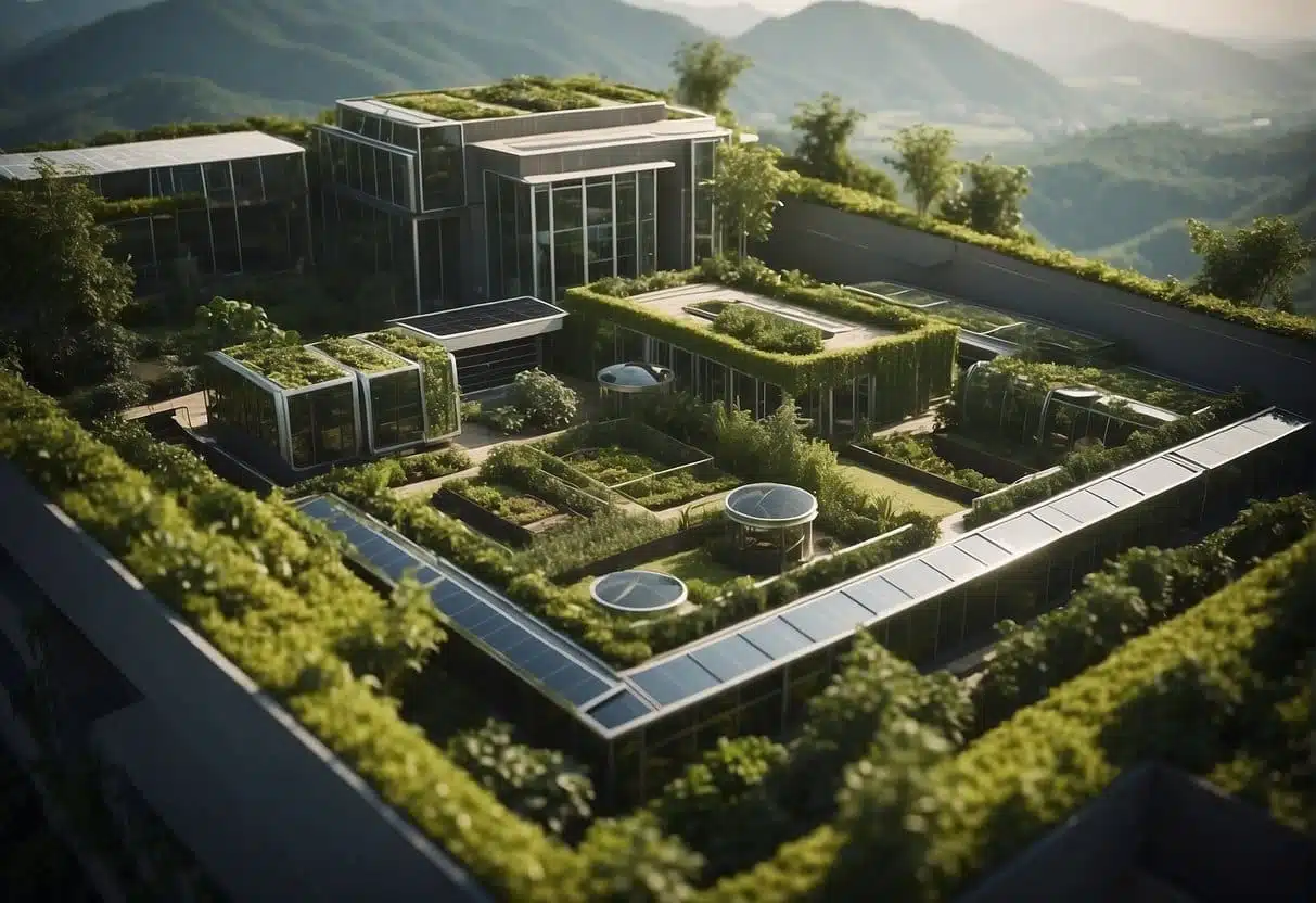 A green building surrounded by renewable energy sources and lush vegetation, with efficient water and waste management systems in place