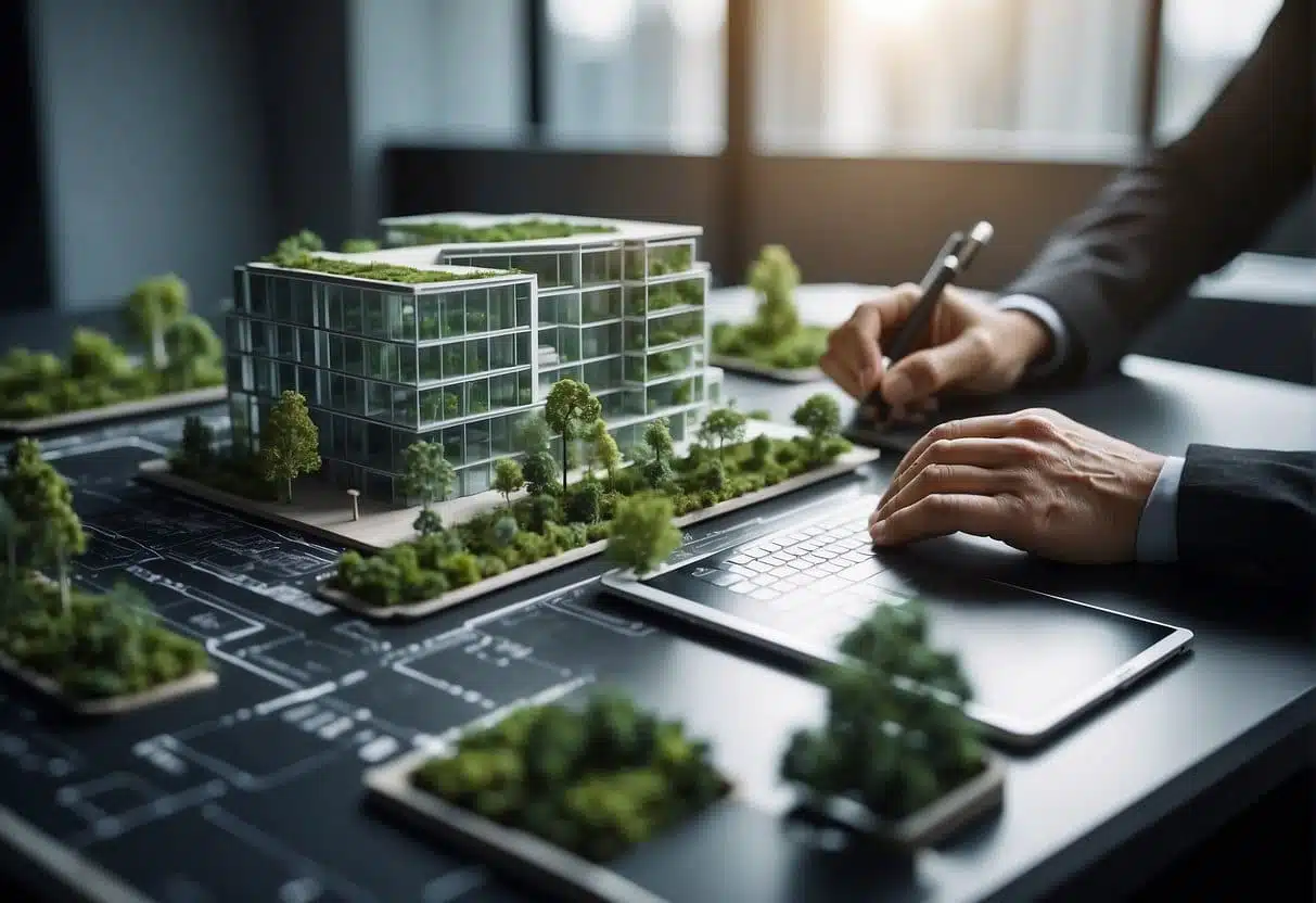 An architect uses AI software to design a sustainable building, incorporating green technologies and efficient materials