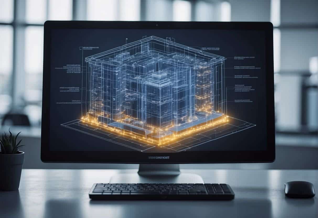 Architectural blueprint with AI algorithms and sustainable design elements. Computer screen showing real-time building simulations. Books on AI and architecture education