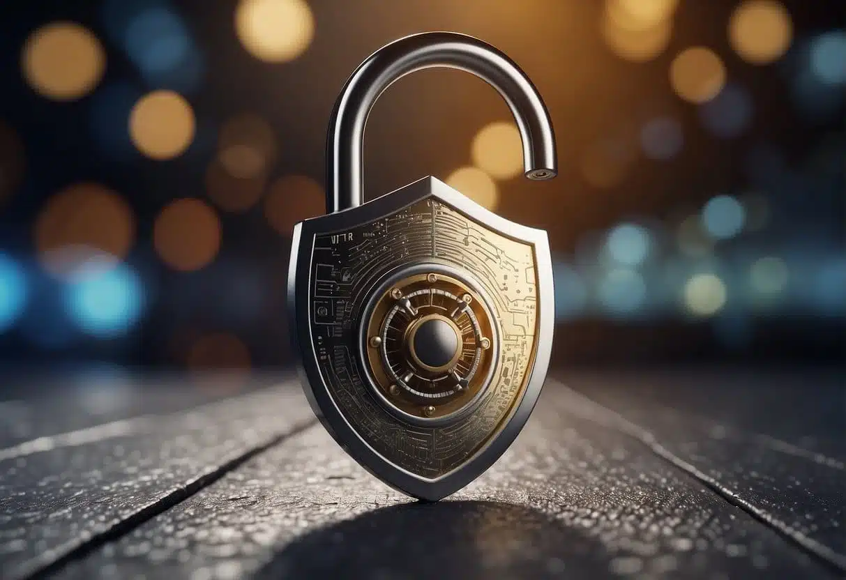 A digital lock symbolizing security hovers over a vault of personal finance data, while a shield symbolizes privacy, all surrounded by AI algorithms
