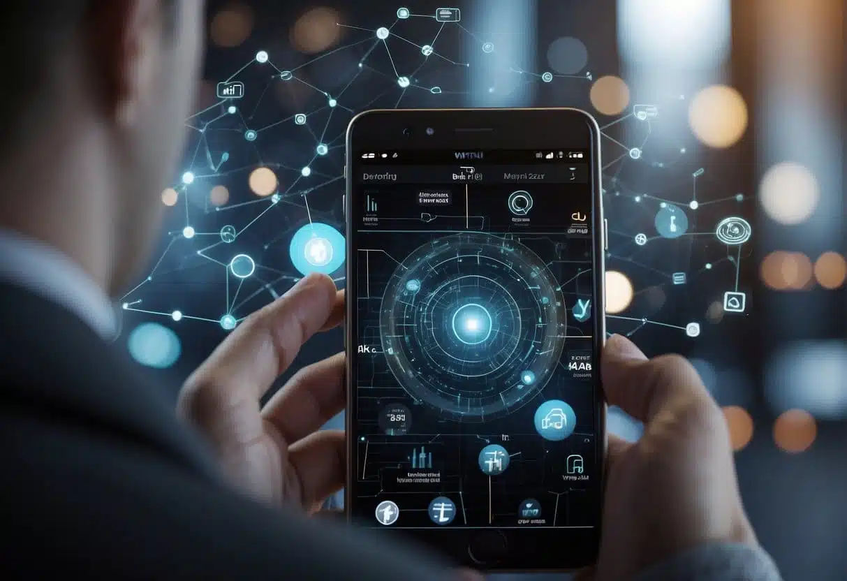 AI algorithms scanning and filtering social media content, with positive and negative posts being separated and categorized for user experience improvement