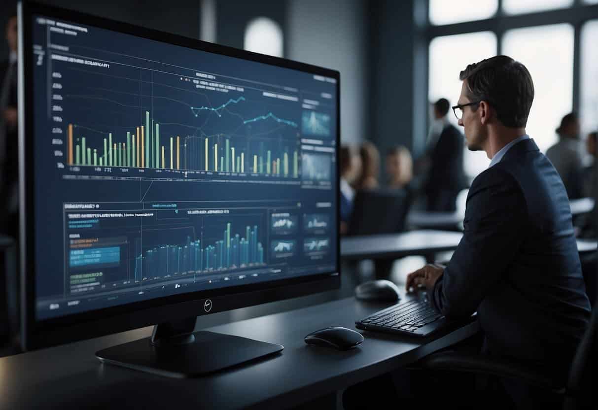 An AI system analyzes event audience data, with graphs and charts displayed on a computer screen