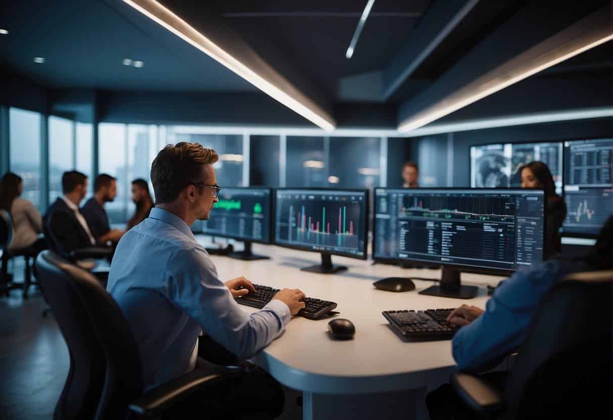 A group of data analysts using AI software to analyze event audience data for strategic decision-making