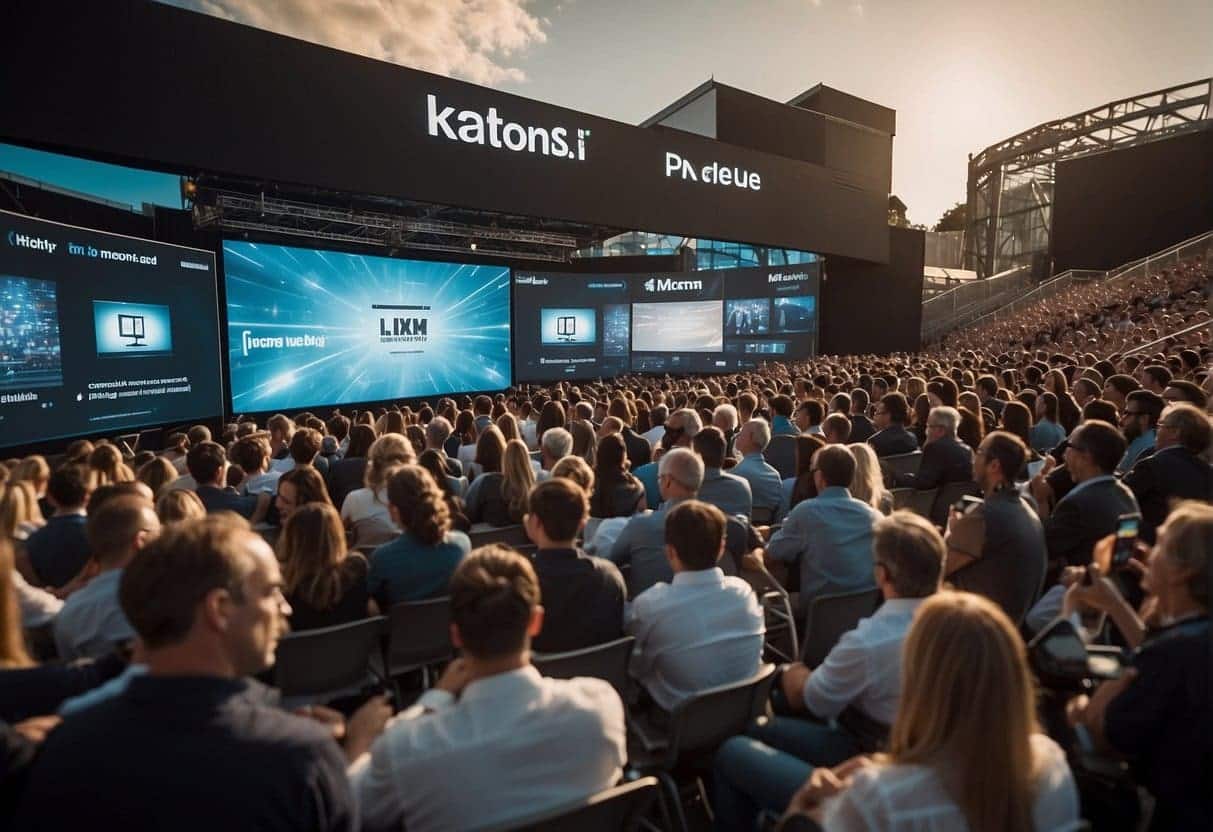 Crowds at an event, interacting with AI technology for audience analysis. Various sponsorship logos displayed prominently. Revenue-generating activities in progress