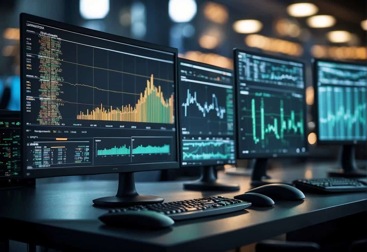 A computer monitor displaying data charts and graphs, surrounded by AI algorithms and software code, with a backdrop of a bustling event venue