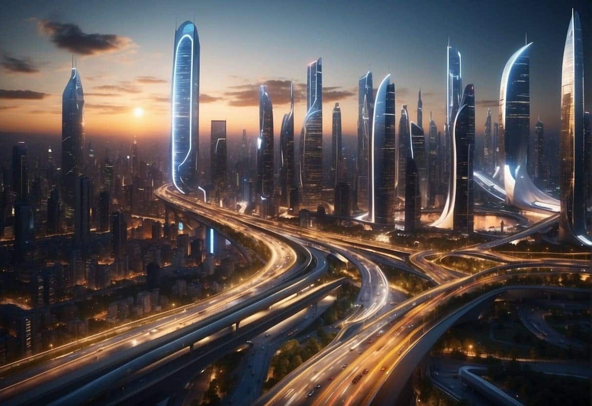 A futuristic city skyline with AI-powered travel customization displayed on digital billboards