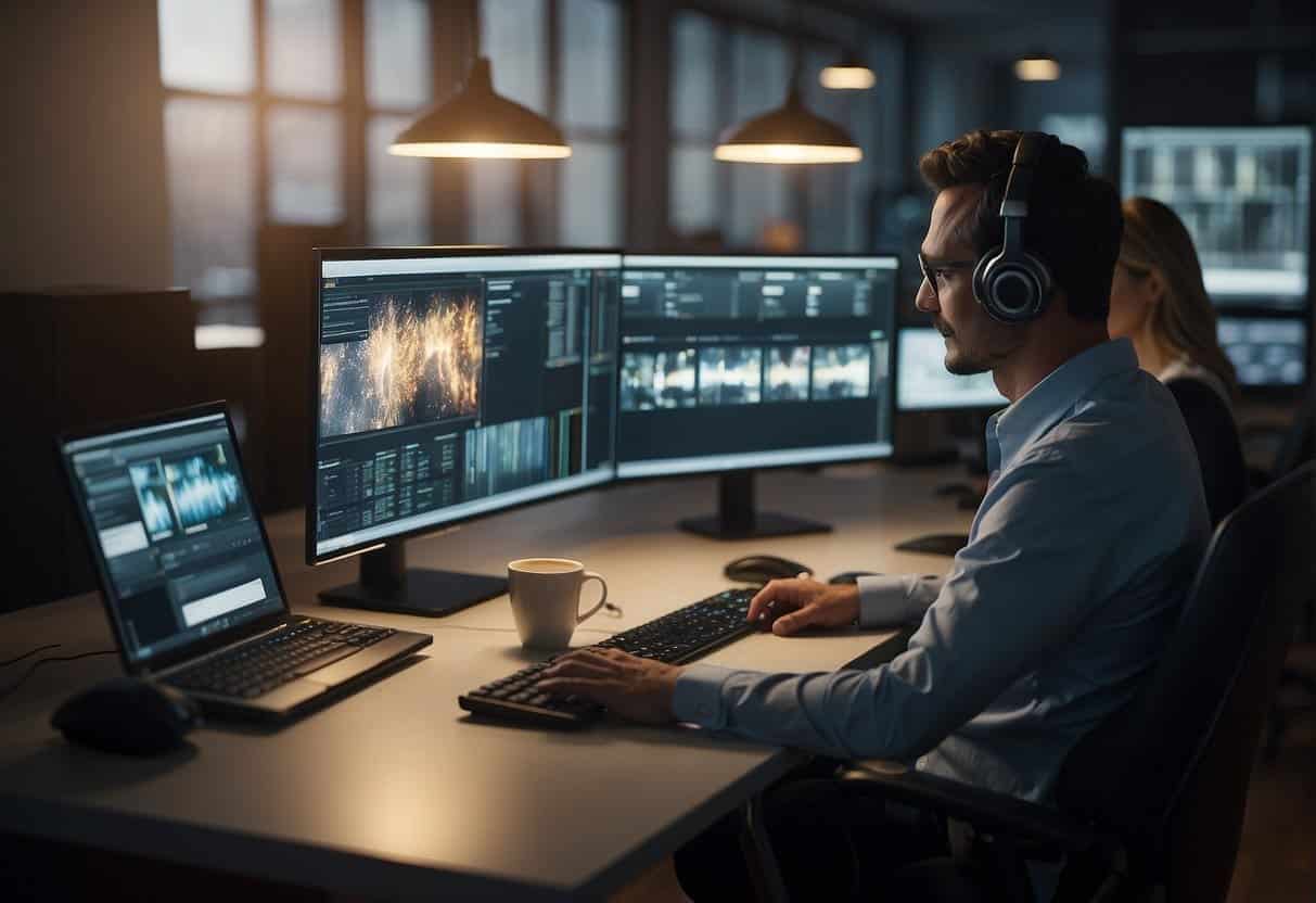 Various users interact with AI photo editors, demonstrating advanced editing techniques. Different groups evaluate the software's usability and features