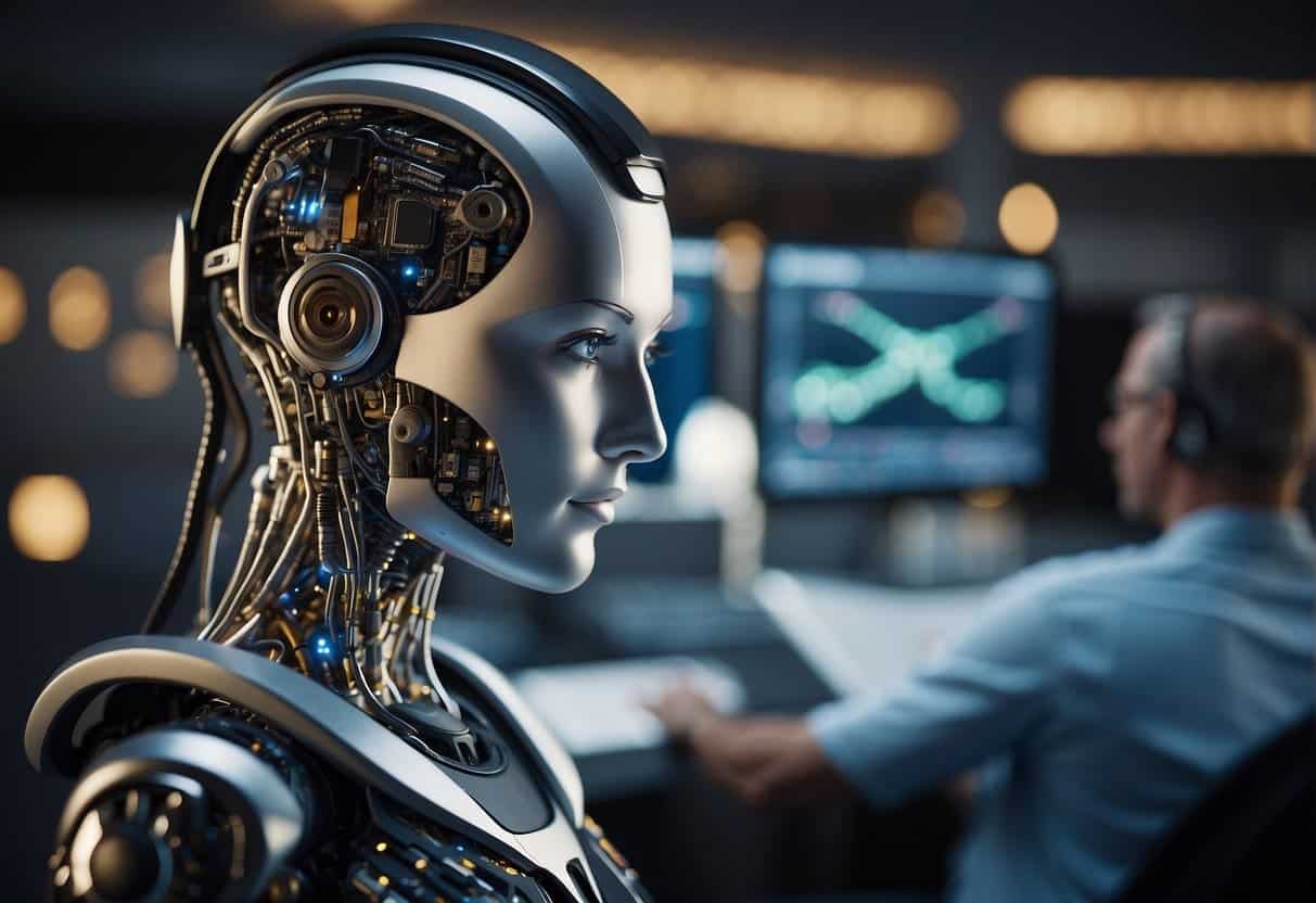 An AI program analyzes consumer data, sending personalized messages across various digital platforms. It optimizes marketing strategies for efficient B2C communication