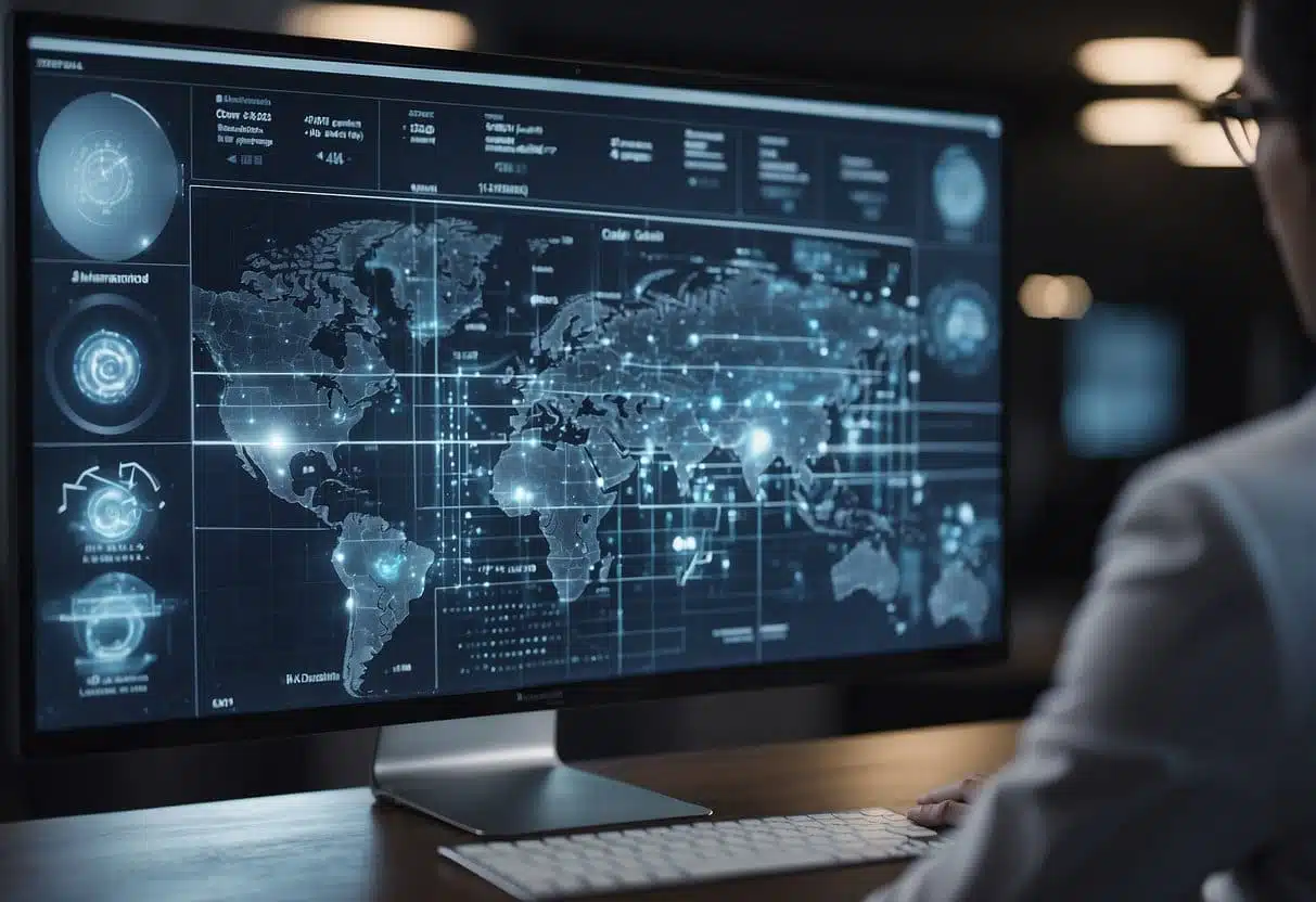 AI analyzes data, generates personalized learning paths for employees. Virtual interface displays dynamic content, adapting to individual needs