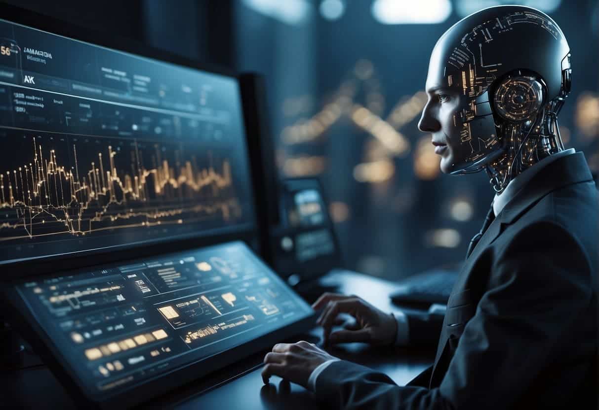 An AI algorithm analyzes data to optimize digital ad targeting, displaying advanced capabilities in a futuristic digital interface