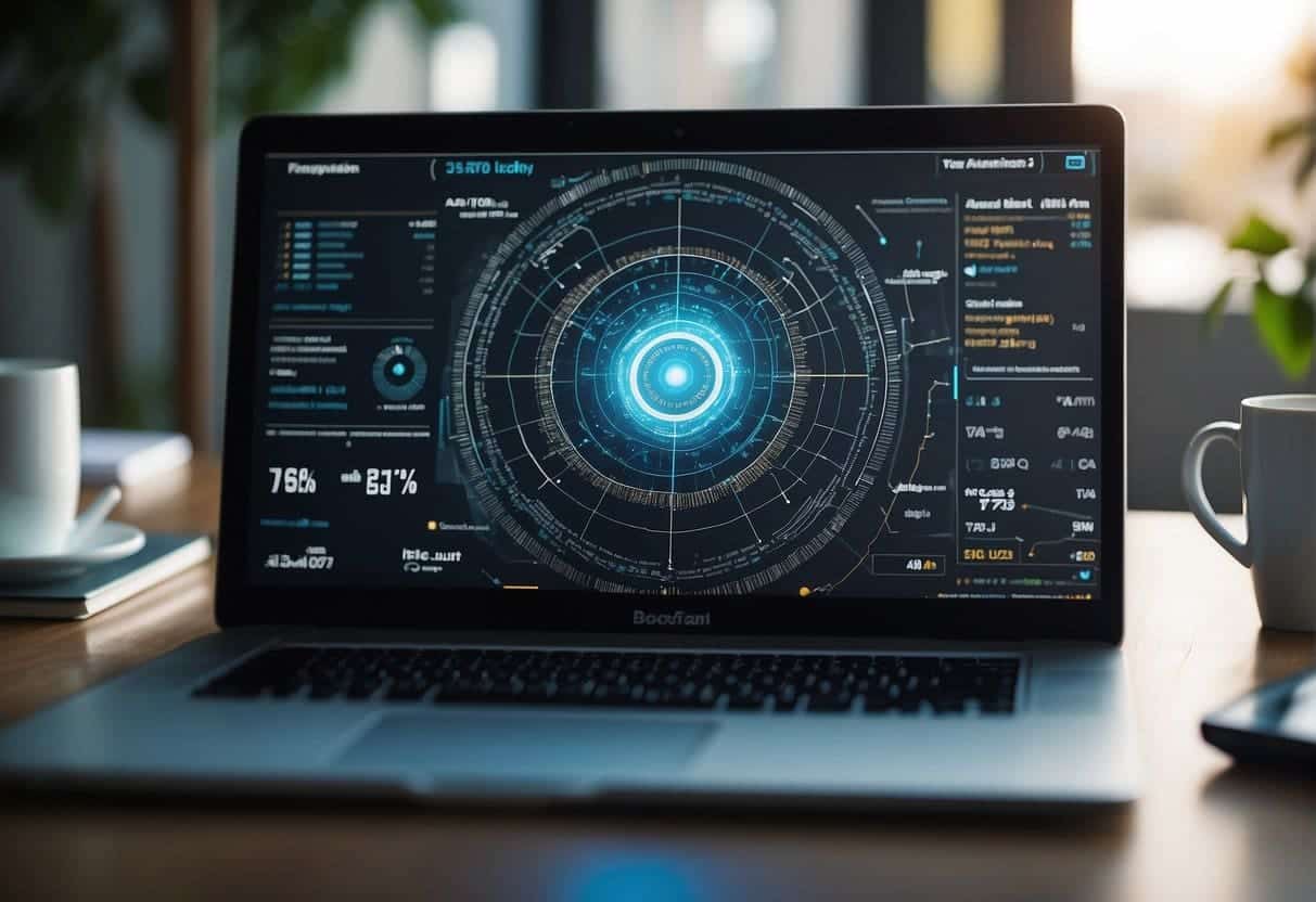 AI algorithms analyzing data, selecting target audience, and optimizing digital ad placements for maximum impact